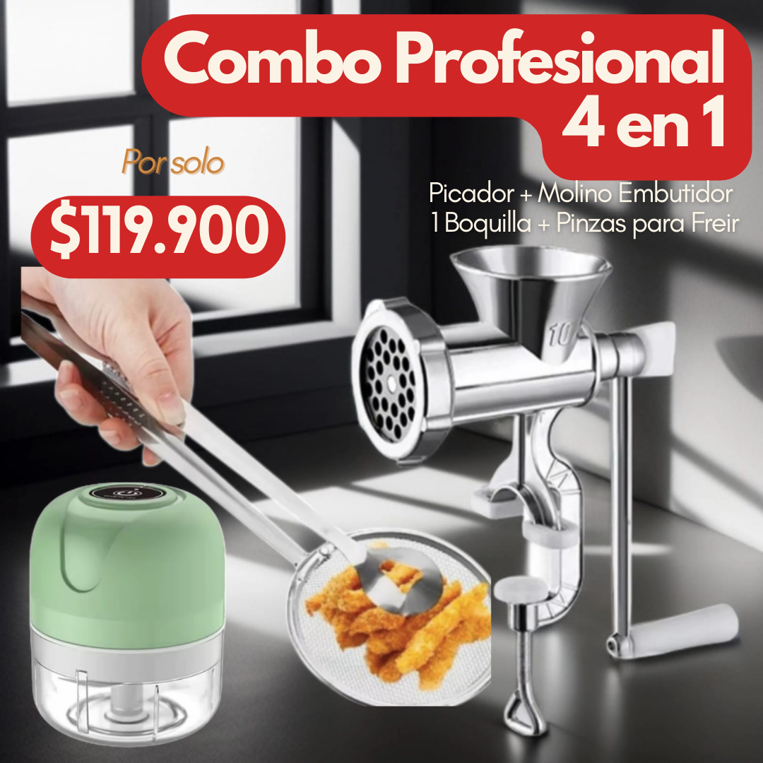 COMBO 3 EN 1 Picador Eléctrico + Molino con Embutidor Manual + Pinza para Freír ✨🍴