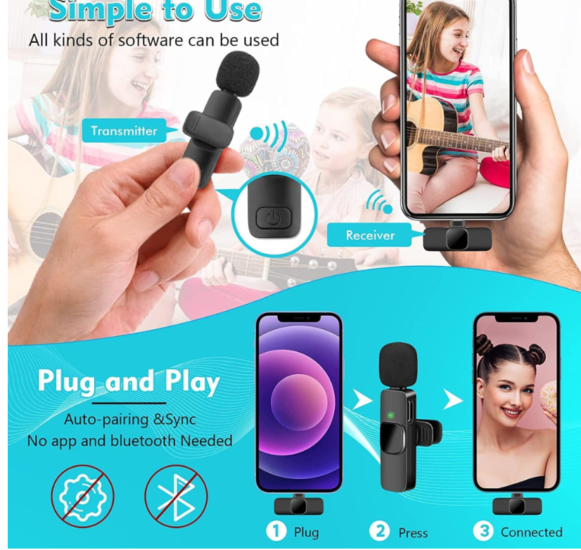 2 MICRÓFONOS INALÁMBRICOS DE SOLAPA 2 X 1- INCLUYE CONVERTIDOR IPHONE Y ANDROID- TECNOLOGIA- HOGAR