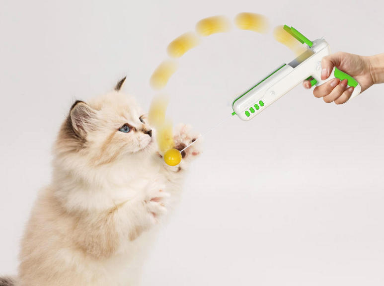 JUGUETE INTERACTIVO GATOS PISTOLA PLUMA BOLA CAÑON - INFANTIL