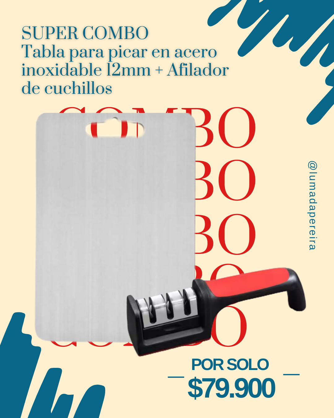 COMBO TABLA DE PICAR ACERO INOXIDABLE + AFILADOR DE CUCHILLOS - HOGAR