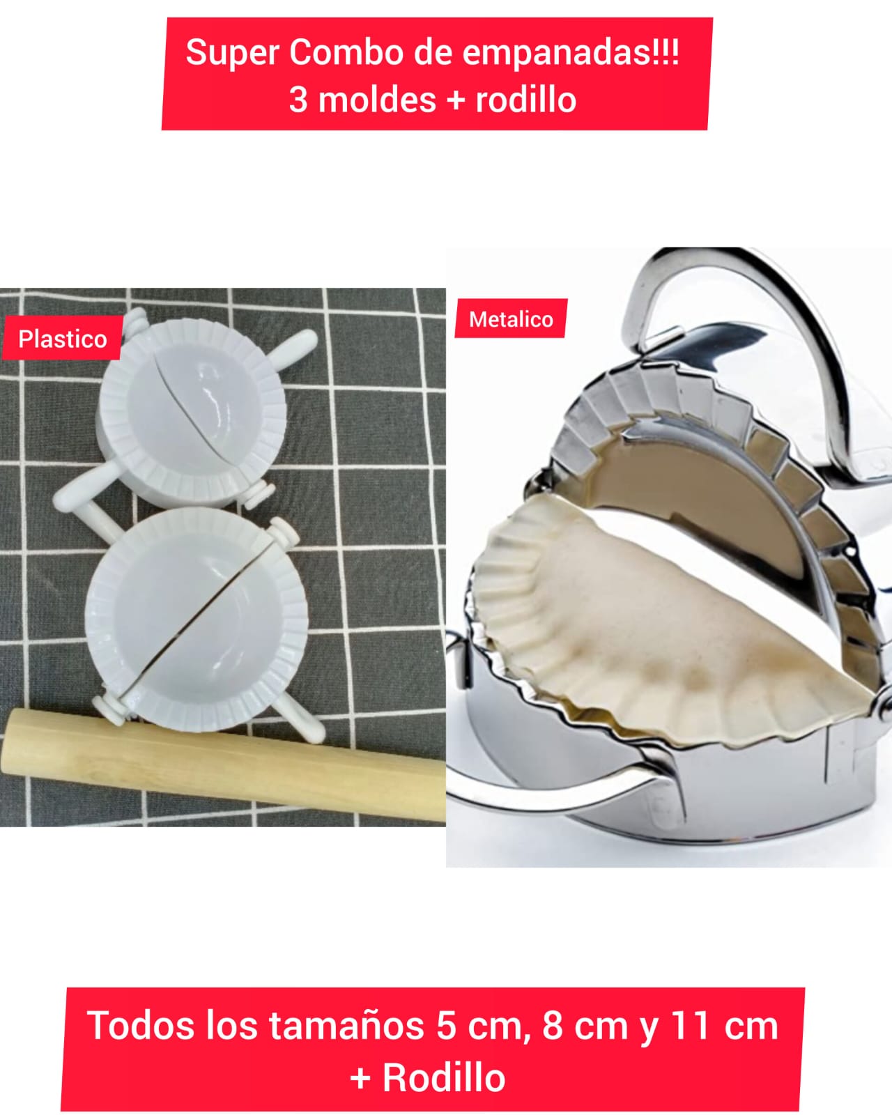 SUPER COMBO!! 3 MOLDES DE EMPANADAS + RODILLO TODOS LOS TAMAÑOS- COCINA