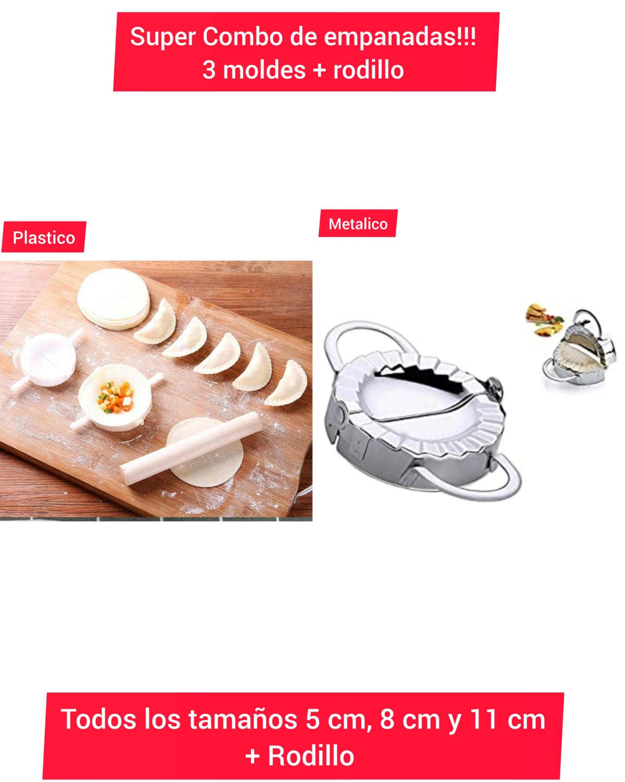 SUPER COMBO!! 3 MOLDES DE EMPANADAS + RODILLO TODOS LOS TAMAÑOS- COCINA