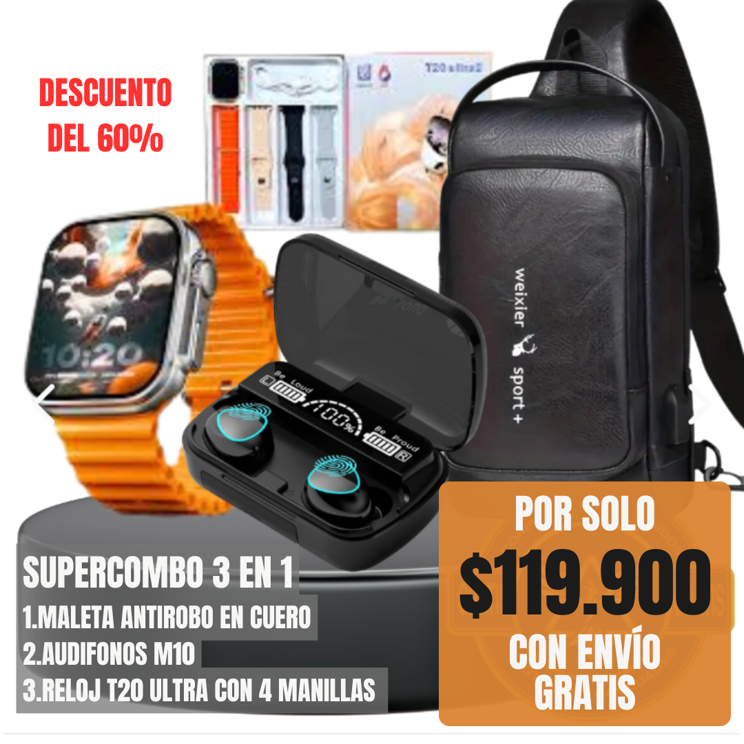COMBO BOLSO ANTIROBO + SMART WATCH Y68 + AUDIFONO M10